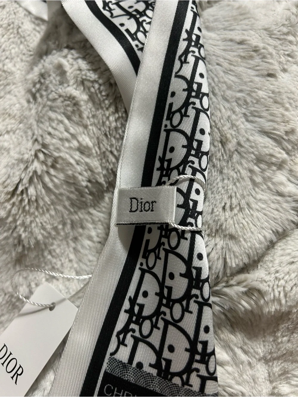 CD Black and White Monogram Silk Ribbon Scarf